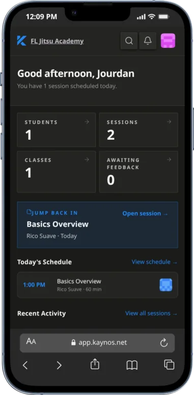Kaynos coach dashboard on iPhone — welcome banner, KPI tiles, today's schedule, and recent activity